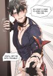  1boy 1girl bandaged_arm bandaged_neck bandages black_bandages black_hair blue_eyes clorinde_(genshin_impact) earrings english_text fingerless_gloves genshin_impact gloves grabbing_another's_arm grey_hair highres jewelry multicolored_hair purple_nails rchella scar scar_on_arm scar_on_cheek scar_on_face scar_on_neck shirt short_hair streaked_hair stud_earrings wriothesley_(genshin_impact) 