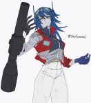  1girl 580aoi arm_cannon asymmetrical_gloves belt black_gloves black_shirt blue_eyes blue_gloves blue_hair breasts genderswap genderswap_(mtf) gloves goggles goggles_on_headwear grey_background grey_belt half-closed_eyes highres how_do_you_feel_about_going_on_the_offensive?_(transformers) humanization jacket long_hair looking_at_viewer mask medium_breasts mismatched_gloves mouth_mask optimus_prime panties red_jacket shirt solo transformers transformers_(skybound) underwear weapon white_panties 