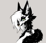  1:1 anthro big_breasts big_ears black_body black_fur breasts canid canine canis chest_tuft colored_sketch eyeshadow facial_piercing female fluffy fur hair hair_over_eye headshot_portrait inner_ear_fluff jax_(jinx_doodle) jinx_doodle looking_at_viewer makeup mammal markings medium_hair nose_piercing nose_ring one_eye_obstructed piercing portrait septum_piercing side_view solo tuft white_body white_fur wolf yellow_eyes 