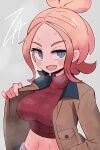  1girl blonde_hair blue_eyes blush blush_stickers breasts brown_jacket commentary_request cowboy_shot crop_top gradient_hair grey_background hair_bun highres jacket kurachi_mizuki large_breasts long_sleeves looking_at_viewer midriff multicolored_hair navel open_clothes open_jacket open_mouth parted_bangs pink_hair pokemon pokemon_legends:_z-a red_shirt ribbed_shirt shirt shorts sidelocks solo standing steaming_body sweat taunie_(pokemon) turtleneck turtleneck_shirt white_shorts 