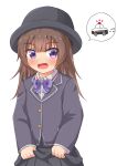  1girl black_headwear bow bowtie brown_hair car comiching commentary_request ground_vehicle hat highres jacket motor_vehicle open_mouth original plaid_neckwear pleated_skirt police_car purple_eyes purple_neckwear school_uniform skirt skirt_lift solo spoken_object upper_body 