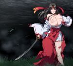 1girl absurdres black_hair blunt_bangs blush breasts commentary_request covering_breasts covering_privates hakama hakama_skirt highres japanese_clothes kimono large_breasts long_hair miko moon mucoro musha_miko_tomoe navel night outdoors queen&#039;s_blade ribbon-trimmed_sleeves ribbon_trim skirt solo standing sword tomoe_(queen&#039;s_blade) torn_clothes underwear undressing weapon 