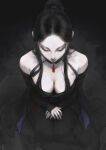  1girl bare_shoulders black_clothes black_hair breasts cleavage closed_eyes english_commentary from_above highres large_breasts lips long_hair nat_the_lich original pale_skin ponytail signature sketch solo 