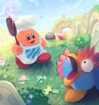  absurdres apron birdon_(kirby) bush chef_hat chef_kawasaki colored_skin commentary_request day flower frying_pan gooey_(kirby) grass hat highres holding holding_frying_pan kirby kirby_(series) no_humans open_mouth outdoors pink_skin sparkle suyasuyabi twitter_username white_apron white_hat 