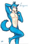  absurd_res anthro beastars blush butt canid canine canis censored chest_fur convenient_censorship front_view fur hi_res invalid_tag legoshi_(beastars) male mammal muscular muscular_anthro muscular_male nude pinup pose scar shy simple_background solo standing text tunk_saray_lovesta wolf 