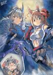  3girls animal_print armor artist_name blue_eyes blue_hair chougei_(kancolle) club_(weapon) commentary_request cosplay dated demon_horns derivative_work facial_mark grey_hair heian_maru_(kancolle) highres horns inset japanese_armor japanese_clothes jingei_(kancolle) kanabou kantai_collection katana kirisawa_juuzou long_hair long_horns mask multicolored_hair multiple_girls oni_mask red_hair scared setsubun south_dakota_(kancolle) south_dakota_(kancolle)_(cosplay) streaked_hair sword tiger_print washington_(kancolle) washington_(kancolle)_(cosplay) weapon 