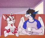  anthro beverage black_hair clei clothing coffee coffee_mug dragon duo eye_contact feathered_dragon feathered_wings feathers fur furniture furred_dragon hair hi_res looking_at_another male nameless00 shirt table tiesci topwear white_body white_fur windragon wings 