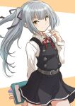  1girl black_ribbon book brown_eyes commentary_request cowboy_shot dress fuji_(pixiv24804665) grey_hair highres kantai_collection kasumi_(kancolle) long_hair long_sleeves neck_ribbon pinafore_dress red_ribbon remodel_(kantai_collection) ribbon shirt side_ponytail single_thighhigh smile solo thighhighs white_shirt 
