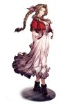  1girl aerith_gainsborough boots braid braided_ponytail brown_hair cropped_jacket dress final_fantasy final_fantasy_vii final_fantasy_vii_remake full_body green_eyes highres jacket looking_at_viewer official_art pink_jacket ryuji_ohara simple_background solo third-party_source war_of_the_visions:_final_fantasy_brave_exvius 