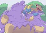  ambiguous_gender bodily_fluids duo elemental_creature feral flora_fauna goo_creature leaf muk nintendo plant pok&eacute;mon pok&eacute;mon_(species) red_eyes simple_background slime sweat tropius video_games winte 