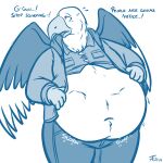  1:1 2019 4_fingers abdominal_bulge accipitrid accipitriform after_vore anthro anthro_pred avian bald_eagle beak belly big_belly biped bird blue_and_white blush bodily_fluids bottomwear clothed clothing dated deep_navel denim denim_clothing dialogue digestion digital_media_(artwork) eagle english_text feathered_wings feathers fingers hi_res jacket jeans male male_pred monochrome motion_lines navel onomatopoeia open_beak open_clothing open_jacket open_mouth open_topwear oral_vore overweight overweight_anthro overweight_male pants riley_(zdarlight) rumbling_stomach sea_eagle shirt signature simple_background sketch soft_vore solo sound_effects standing struggling sweat sweatdrop tanio text thick_thighs tongue topwear unseen_character vore white_background winged_arms wings 