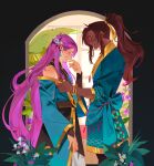  2boys absurdly_long_hair adjusting_another&#039;s_clothes aqua_kimono aqua_sash bare_shoulders black_sash borrowed_character bracelet brown_hair closed_eyes clothes_grab collar_grab commission cowboy_shot dark-skinned_male dark_skin day ear_cuffs facing_another flower foliage from_side glowing_jewelry gold_trim grin hair_flower hair_ornament half_updo hand_up highres implied_yaoi japanese_clothes jewelry kimono laughing light_blush long_hair looking_at_another male_focus motoyui multiple_boys necklace neckwear_grab original otoko_no_ko outside_border pendant pink_hair plant pointy_ears profile rightgate ring sash second-party_source shirt sidelocks smile three-quarter_sleeves thumb_ring turtleneck turtleneck_shirt very_long_hair wavy_hair window 