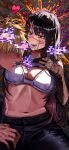 1boy 1girl absurdres belly black_hair blonde_hair blush breasts chainsaw_man cleavage denji_(chainsaw_man) erupusai2 facial_mark highres long_hair navel pants scar yoru_(chainsaw_man) 