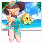  1girl 1other absurdres blonde_hair breasts casual_one-piece_swimsuit closed_eyes covered_navel cup earrings green_swimsuit hair_over_one_eye hat highres holding holding_cup jewelry long_hair luma_(mario) mario_(series) medium_breasts one-piece_swimsuit print_sarong print_swimsuit rosalina sarong sarukaiwolf star_(symbol) star_earrings star_print straw_hat sun_hat super_mario_galaxy swimsuit 