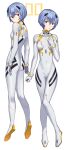  1girl absurdres alternate_costume ayanami_rei bangs blue_hair bodysuit breasts commentary hair_between_eyes hand_on_own_chest highres interface_headset knees_together_feet_apart looking_at_viewer looking_back multiple_views neon_genesis_evangelion parted_lips plugsuit raised_eyebrows red_eyes short_hair simple_background small_breasts thigh_gap toketa_(toketa15) white_background white_bodysuit 
