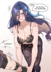  1boy 1girl black_bra black_gloves black_panties blue_hair blush bra breasts cleavage clorinde_(genshin_impact) collarbone covered_navel earrings english_text garter_belt garter_straps genshin_impact gloves grabbing_another's_arm hair_between_eyes highres jewelry lace lace_bra lace_panties large_breasts long_hair long_hair_between_eyes open_mouth panties panties_under_pantyhose pantyhose purple_eyes rchella scar smile thigh_strap underwear underwear_only wriothesley_(genshin_impact) 