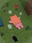  1girl absurdres animal_ears block_(minecraft) blue_archive cat_ears cat_girl chibi chibi_only death dress explosive game_screenshot_background grass hands_up highres horuhara long_hair long_sleeves lying mari_(blue_archive) minecraft minecraft_pickaxe minecraft_sword on_stomach orange_hair pickaxe pink_dress pink_shoes screenshot_background shoes solo sword tnt tnt_block_(minecraft) weapon 