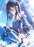  1girl absurdres aris_(blue_archive) aris_(mecha_suit)_(blue_archive) armor bare_shoulders black_gloves black_hair blue_archive blue_necktie blue_shoes blue_skirt blush detached_sleeves from_below gloves greaves hair_between_eyes highres long_hair looking_at_viewer mecha_pilot_suit necktie one_side_up open_mouth shirt shoes sidelocks skirt squatting sweatdrop tarako_(tarakopng) v white_shirt 