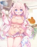  1girl :d animal_slippers apron blue_eyes blush bow breasts brown_apron brown_bow bunny_slippers collarbone commentary cooking_pot day food frills frying_pan hair_between_eyes hair_bow holding indoors jacket long_hair long_sleeves loose_socks low_twintails medium_breasts open_clothes open_jacket original pancake pink_hair pink_jacket pink_slippers puffy_long_sleeves puffy_sleeves slippers smile socks solo spatula standing standing_on_one_leg striped_clothes striped_socks sunlight twintails two_side_up usashiro_mani very_long_hair window 