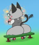  animal_crossing anthro bench big_butt blonde_hair blush butt cat_ear clothed clothing dessert domestic_cat doughnut eyewear felid feline felis food fur glasses grey_body grey_fur hair happy hi_res long_tail male mammal mitten_hands nintendo on_bench open_mouth partially_clothed pawpads paws pink_pawpads raymond_(animal_crossing) simple_background solo tailwag topwear vest video_games zlut385 