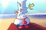  3_fingers anonymous_artist anthro backsack balls beach big_butt butt cinderace clothing fingers genitals hi_res male nintendo pok&eacute;mon pok&eacute;mon_(species) red_eyes seaside solo speedo suntan_lotion swimwear video_games white_body 