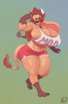  anthro big_breasts bottomwear bovid bovine breasts brown_hair cattle cleavege clothing cross female hair hi_res huge_breasts las_lindas mammal mora_linda peculiart shorts solo webcomic 