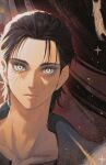  1boy bangs black_hair closed_mouth collarbone eren_yeager facial_mark krusier looking_at_viewer male_focus portrait shingeki_no_kyojin short_hair solo sparkle white_eyes 