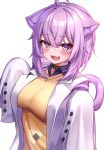  1girl :d absurdres ahoge alternate_costume animal_ear_fluff animal_ears black_choker blush breasts cat_ears cat_tail choker deaver eyebrows_visible_through_hair fang hair_between_eyes highres hololive jacket large_breasts long_sleeves looking_at_viewer nekomata_okayu open_mouth purple_eyes purple_hair short_hair simple_background sleeves_past_fingers sleeves_past_wrists smile solo sweater tail virtual_youtuber white_background white_jacket yellow_sweater 