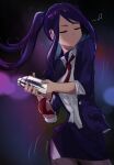  1girl absurdres artist_name bad_proportions bartender black_legwear closed_eyes cocktail_shaker cyberpunk dancing highres jacket jill_stingray lanxcer miniskirt musical_note narrow_waist necktie purple_hair shaking skirt solo twintails va-11_hall-a 