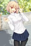  1girl antenna_hair arcueid_brunestud black_pantyhose blonde_hair blue_skirt blurry blurry_background breasts cowboy_shot highres iro_(sekaixiro) jewelry large_breasts miniskirt outdoors pantyhose pendant red_eyes short_hair skirt solo sweater tsukihime tsukihime_(remake) white_sweater 