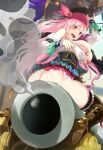  1girl absurdres ass bandana blush boots breasts butt_crack cannon captain_liliana hat highres large_breasts long_hair official_art pasties pink_hair pirate pirate_costume pirate_hat queen&#039;s_blade queen&#039;s_blade_limit_break queen&#039;s_blade_rebellion shirt_slip skirt solo star_(symbol) star_pasties thighhighs torn_clothes torn_skirt 