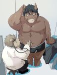  2021 anthro bottomwear brown_body brown_fur bulge clothing doctor duo eyewear felid fur glasses hi_res kemono lion male mammal medical_instrument nipples overweight overweight_male pantherine pants scientific_instrument shirt sitting topwear train_(artist) underwear 