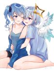  2girls amane_kanata angel angel_wings artist_name asymmetrical_bangs asymmetrical_hair bangs bare_shoulders barefoot black_shorts blue_camisole blue_eyes blue_hair blue_shirt blue_wings blush bob_cut camisole collarbone colored_inner_hair commentary earrings face-to-face feathered_wings gradient gradient_wings hair_ornament hair_over_one_eye hair_ribbon halo highres hololive hoshimachi_suisei hug hug_from_behind jewelry long_hair looking_at_another mini_wings multicolored multicolored_hair multicolored_wings multiple_girls off_shoulder one_eye_closed open_clothes open_mouth open_shirt pink_hair pp_tenshi_t-shirt purple_eyes ribbon sese_nagi shirt short_hair short_shorts shorts side_ponytail silver_hair single_hair_intake sitting smile star_(symbol) star_earrings star_hair_ornament star_halo streaked_hair t-shirt twitter_username virtual_youtuber wariza white_wings wings yuri 