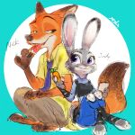  anthro bottomwear canid canine carrot_pen clothed clothing cs_yym disney duo fox fully_clothed fur grey_body grey_fur holding_object judy_hopps lagomorph leporid mammal necktie nick_wilde orange_body orange_fur pants rabbit red_fox shirt sitting smile tongue tongue_out topwear zootopia 