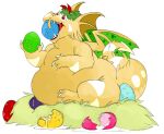  3_toes 4_fingers ambiguous_gender anthro bodily_fluids chubby_anthro draik_(neopets) drooling egg fangs feet fingers hi_res jumpstart_games markings neopet_(species) neopets nest open_mouth red_eyes saliva slightly_chubby solo thick_body thick_tail thick_thighs toes tongue unknown_artist video_games white_markings wreath yellow_body 
