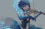  1girl alice_(sinoalice) belt blue_gloves blue_hair breasts cleavage closed_eyes clothing_cutout dress elbow_gloves gloves grey_background highres holding holding_instrument instrument lipstick looking_to_the_side makeup music navel_cutout parted_lips playing_instrument senryoko short_hair signature sinoalice violin 