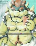  2021 anthro body_hair bowser cellphone chest_hair emoji english_text genitals grin hair hi_res holding_cellphone holding_object holding_phone horn koopa locker locker_room looking_at_viewer male mario_bros mirror navel nintendo nipples nude pecs penis phone pubes red_eyes red_hair scalie selfie shinyluvdisc smile solo spa spikes text towel video_games 