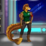  anthro belt bottomwear breasts clothed clothing dorsal_fin female fin fish fully_clothed gills grin half-closed_eyes hand_on_hip hi_res looking_at_viewer marine narrowed_eyes non-mammal_breasts pants reddragon science_fiction sharp_teeth smile solo space tail_fin teeth topwear trout vest 