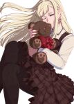  1girl alternate_costume blonde_hair blue_eyes brown_dress brown_pantyhose closed_mouth collared_shirt dress earrings enelous frilled_dress frills gigi_andalusia gundam gundam_hathaway&#039;s_flash highres holding holding_stuffed_toy hugging_object jewelry knees_up long_hair long_sleeves one_eye_closed pantyhose pinafore_dress shirt simple_background sleeveless sleeveless_dress smile solo stuffed_animal stuffed_toy teddy_bear white_background white_shirt wing_collar 