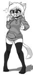  2021 5_fingers alfa995 anthro bell bell_collar clenched_teeth clothed clothing collar domestic_cat emanata eyewear felid feline felis female fingers glasses hair hoodie legwear mammal monochrome queen_(alfa995) solo stockings teeth topwear 