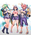  3girls animal_ear_fluff animal_ears bangs bare_shoulders bikini blue_bikini blue_jacket blue_shorts blush boots breasts brown_hair clothes_around_waist collarbone dragon_horns fate/extra fate/grand_order fate_(series) fox_ears fox_girl fox_tail goggles goggles_on_head gradient_hair green_hair highres horns jacket jacket_around_waist kiyohime_(fate) large_breasts long_hair looking_at_viewer multicolored_hair multiple_girls multiple_horns navel nipples off_shoulder open_mouth osakabe-hime_(fate) pink_bikini ponytail purple_eyes rubber_boots sandals shorts sidelocks ski_goggles smile swimsuit tail tamamo_(fate)_(all) tamamo_no_mae_(fate) twintails very_long_hair white_bikini wisespeak yellow_eyes 