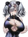  1girl absurdres animal_ears arknights between_breasts black_hair blue_dress blush breasts china_dress chinese_clothes cleavage cleavage_cutout clothing_cutout commentary_request crying crying_with_eyes_open dress eyelashes eyewear_on_head feater_(arknights) food food_between_breasts food_in_mouth grey_hair hair_over_one_eye hands_up highres ichini_(aaaraaaaaaaaa) large_breasts multicolored_hair panda_ears pocky simple_background sleeveless sleeveless_dress solo streaked_hair sunglasses sweat tears tinted_eyewear twintails upper_body white_background yellow_eyes 