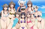  6+girls :d admiral_(kancolle) ahoge bikini black_bikini black_hair blue_one-piece_swimsuit blue_sky breasts brown_eyes brown_hair chitose_(kancolle) cleavage closed_mouth cloud collarbone commentary_request dark-skinned_female dark_skin day eyepatch_bikini faceless faceless_male frilled_bikini frills gold_bikini grey_eyes grey_hair hands_on_another&#039;s_shoulders haruna_(kancolle) haruna_kai_ni_(kancolle) hat highres kantai_collection kongou_(kancolle) kongou_kai_ni_(kancolle) kusaka_souji large_breasts long_hair looking_at_viewer multiple_girls navel one-piece_swimsuit open_mouth parted_bangs peaked_cap pink_bikini ponytail purple_bikini purple_eyes short_hair shouhou_(kancolle) sky smile standing stomach swimsuit taihou_(kancolle) thighs tongue topless_male two_side_up v white_bikini white_hair white_hat yamato_(kancolle) zuihou_(kancolle) 