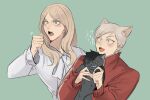  1boy 1girl :d animal animal_ears animalization arm_up black_cat blonde_hair brother_and_sister cat cat_boy cat_ears clenched_hand eyes_visible_through_hair furrowed_eyebrows green_eyes grey_hair grin haiba_arisa haiba_lev haikyuu!! holding holding_animal holding_cat jacket kuroo_tetsurou long_hair long_sleeves open_mouth shirt short_hair siblings simple_background smile soojaeng teeth tongue track_jacket upper_body white_shirt 