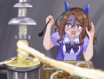  1girl animal_ears blurry blurry_foreground bow bowtie brown_hair cheese chicken_(food) ear_covers fondue food fried_chicken green_bow hair_bow highres holding holding_polearm holding_weapon horse_ears horse_girl king_halo_(umamusume) long_hair meme one_side_up panicking polearm puffy_short_sleeves puffy_sleeves purple_bow purple_bowtie purple_shirt sailor_collar sailor_shirt school_uniform shirt short_sleeves sidelocks sideways_glance summer_uniform sweatdrop tasty_hoon_cheese_fondue_(meme) tracen_school_uniform umamusume upper_body weapon white_sailor_collar yashimo_1875 you&#039;re_doing_it_wrong 
