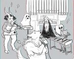 absurd_res ambiguous_gender animated_skeleton anthro band bone bracelet breasts camiliar canid canine cape cleavage clothed clothing demon dog_tags electronic_musical_instrument electronics experimental_musical_instrument eyes_closed fangs female fiddle fishnet_clothing fur ghost group hi_res hooves humanoid jewelry keyboard_instrument long_ears mammal monochrome music musical_instrument musical_note musical_symbol musician mythological_canine mythological_creature mythology organ_(musical_instrument) percussion_instrument pipe_organ singing skeleton spiked_bracelet spiked_tail spikes spikes_(anatomy) spirit symbol tail teeth theremin tongue tongue_out torn_clothing undead vampire werecanid werecanine werecreature werewolf wind_instrument xylophone