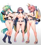  3girls animal_ear_fluff animal_ears bangs blush boots breasts brown_hair collarbone dragon_horns fate/extra fate/grand_order fate_(series) female_pubic_hair fox_ears fox_girl fox_tail goggles goggles_on_head gradient_hair green_hair highres horns kiyohime_(fate) large_breasts long_hair looking_at_viewer multicolored_hair multiple_girls multiple_horns navel nipples nude open_mouth osakabe-hime_(fate) ponytail pubic_hair purple_eyes rubber_boots sandals sidelocks ski_goggles smile tail tamamo_(fate)_(all) tamamo_no_mae_(fate) twintails very_long_hair wisespeak yellow_eyes 