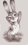  absurd_res anthro dipstick_ears disney female flat_chested fuchs hands_behind_head hi_res judy_hopps lagomorph leporid mammal monochrome multicolored_ears navel nipples nude partially_submerged rabbit scut_tail sketch skinny_dipping smile solo traditional_media_(artwork) wet zootopia 