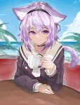  1girl absurdres animal_ear_fluff animal_ears bangs black_hairband blu_(1712) breasts cat_ears cat_girl cat_tail cloud coffee_cup cup disposable_cup eyebrows_visible_through_hair hairband hand_on_table highres holding holding_cup hololive medium_breasts nekomata_okayu official_alternate_costume palm_tree purple_eyes sailor_collar short_hair sitting sky solo tail tree virtual_youtuber 