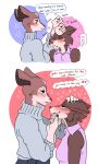  &lt;3 2021 anthro anthro_on_anthro beastars blush brown_body brown_fur canid canine canis clothed clothing cosmo_(beastars) dialogue duo english_text female female/female fully_clothed fur giraffid hi_res interspecies juno_(beastars) mammal mutedlavender okapi sweater text topwear turtleneck_sweater wolf 